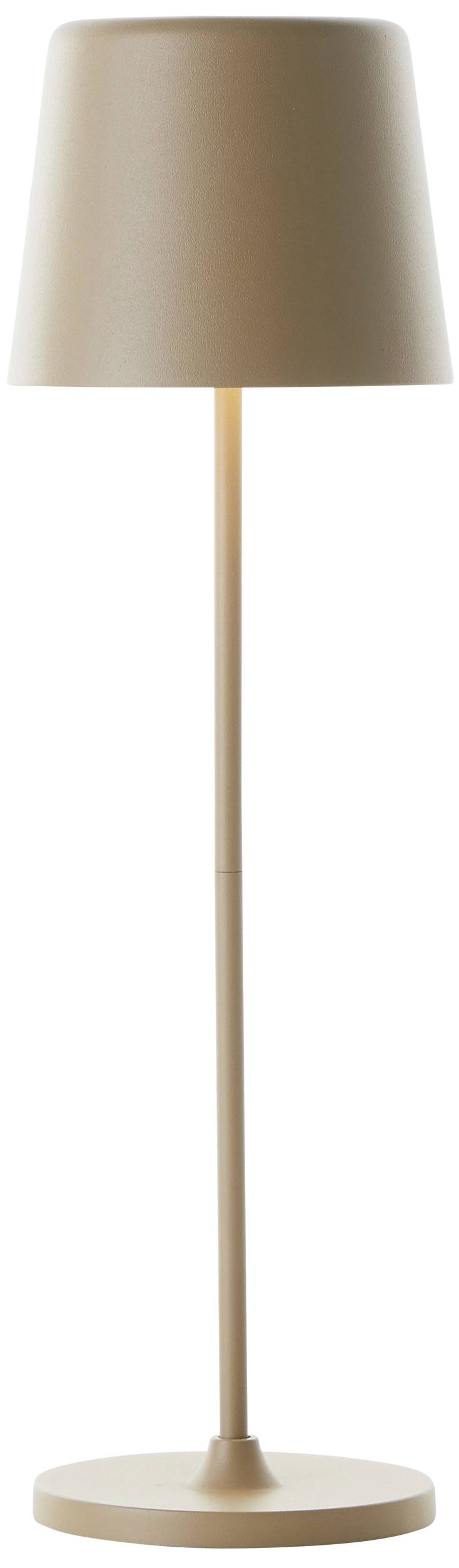 Bež stojeća lampa s tankom bazom i sjenilom u obliku stošca.
