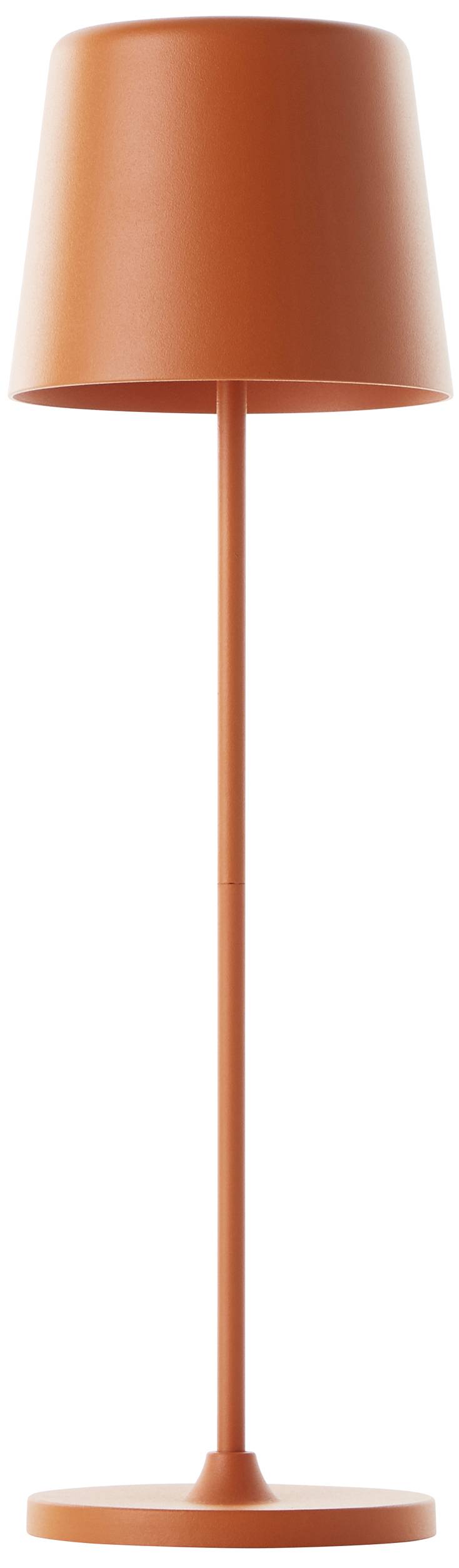 Narančasta stojeća lampa tankog, minimalističkog dizajna.