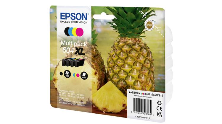 Ambalaža Epson Multipack 604 XL kompleta tintnih patrona, prikazana s motivom ananasa. Sadrži crne, cijan, magenta i žute patrone.