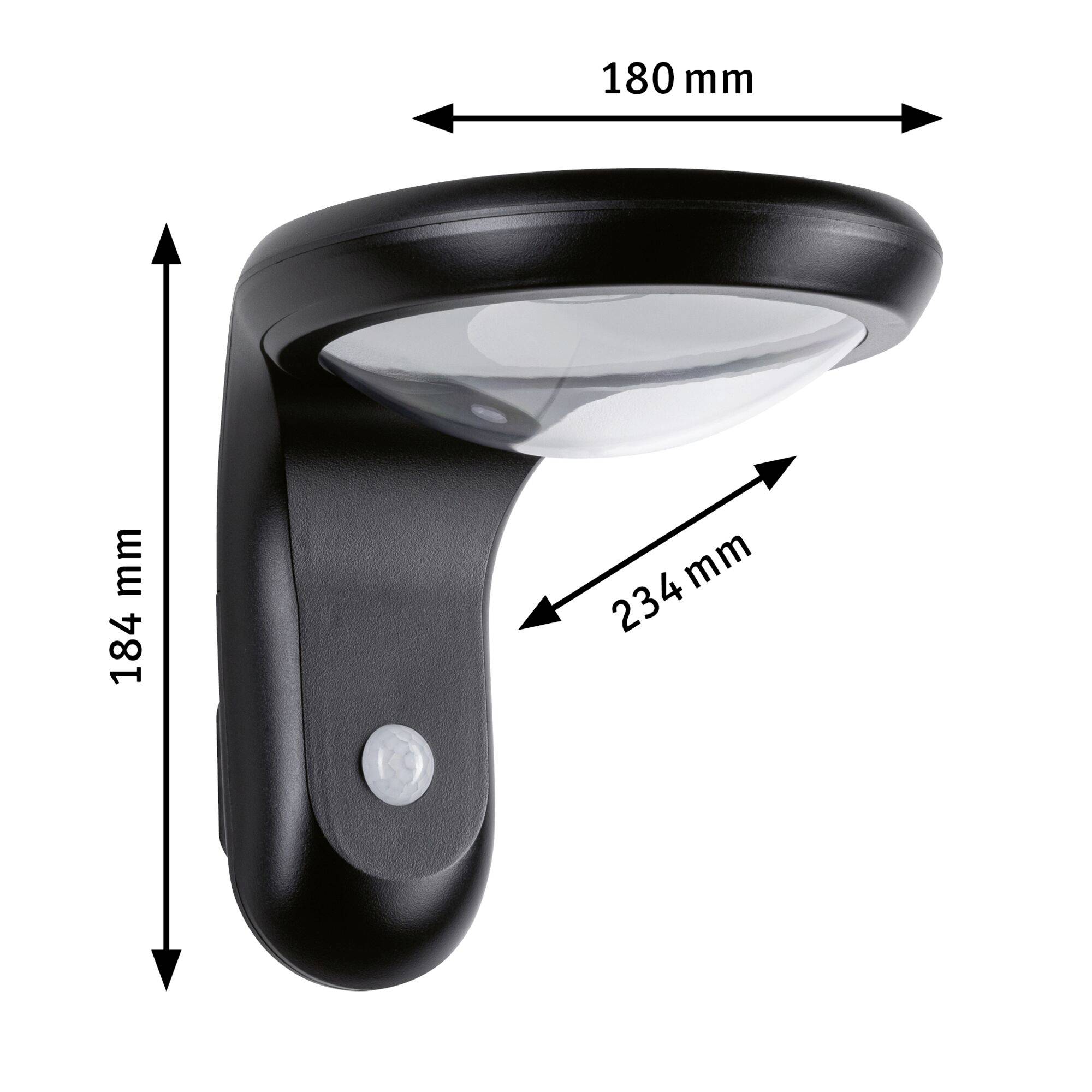 Vanjska rasvjeta u crnoj boji s integriranim senzorom pokreta. Dimenzije: 180 mm širina, 184 mm visina, 234 mm dubina. Idealna za montažu na zid.