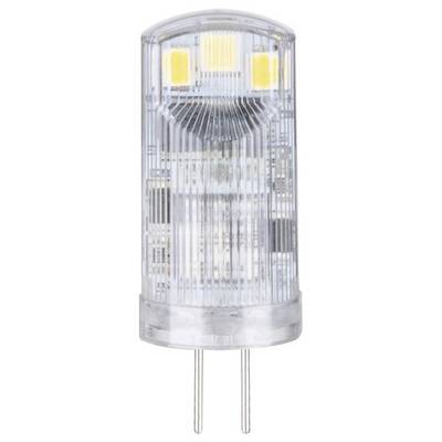 Proziran, cilindrični LED lampni umetak s dvije vidljive žute diode i dva metalna utora na donjem kraju.