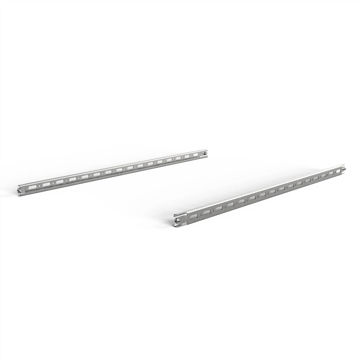 Dvije sive, izdužene metalne držače leže paralelno jedna do druge na bijeloj pozadini. Koriste se za učvršćivanje police ili uređaja.