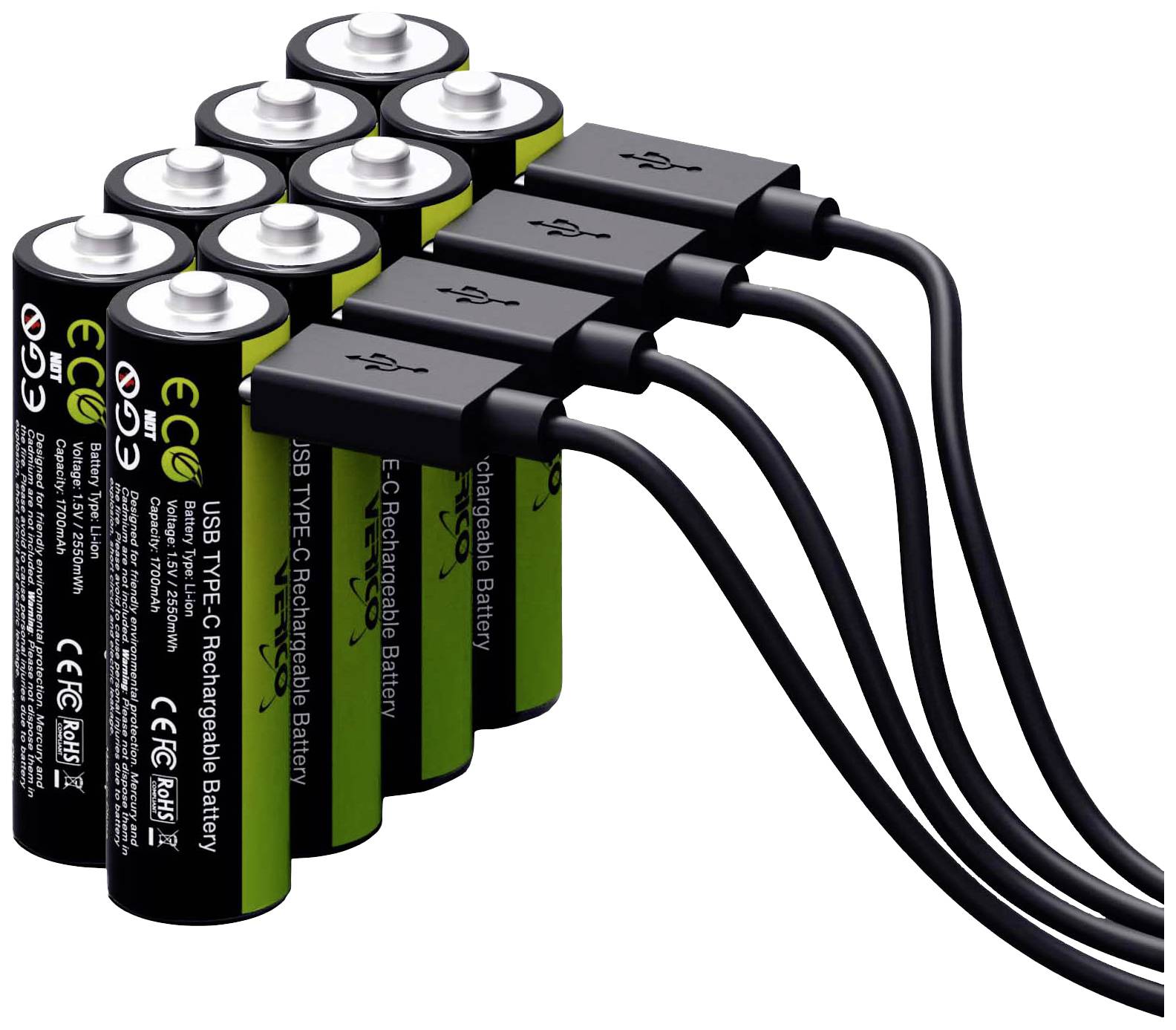 Osam punjivih baterija s USB-C priključkom postavljenih jedna do druge. Svaki kabel je spojen s vrhom jedne baterije.