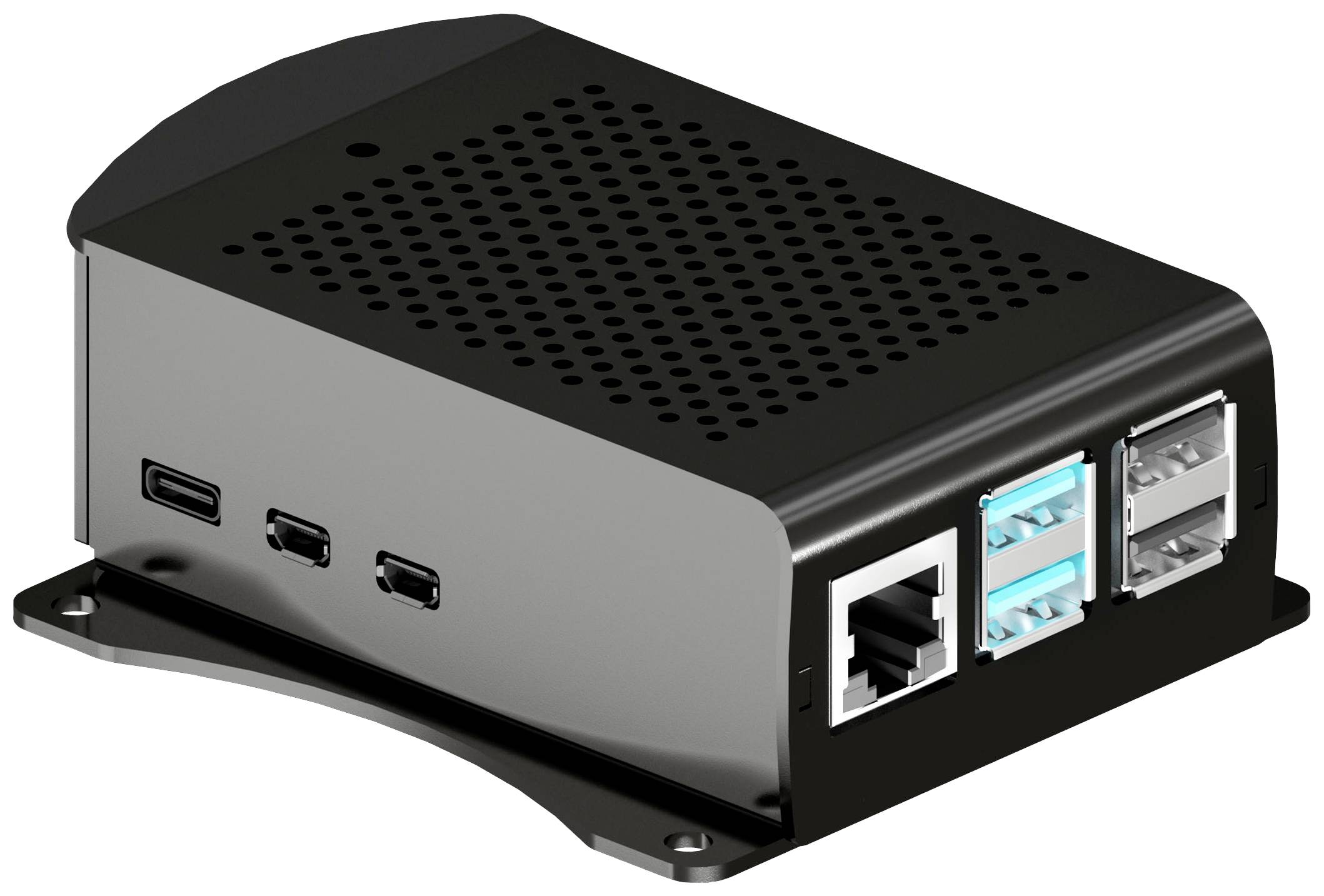 Mali računar crnog kućišta, s nekoliko USB priključaka i Ethernet portom, pogodan za DIY tehničke projekte.