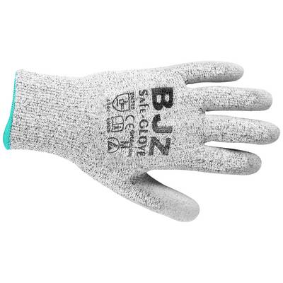 Sivi radni rukavic s crnim natpisom 'BJZ Safe Glove'. Rukavic ima protukliznu teksturu i tirkiznu manžetu.