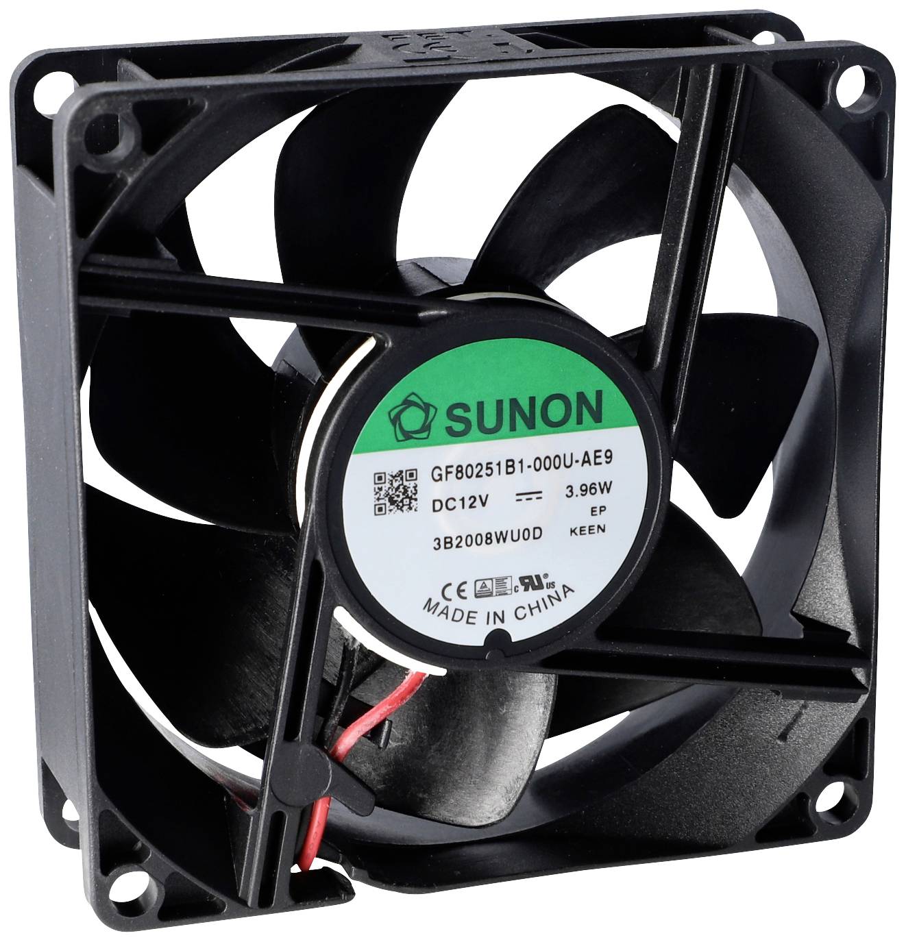 Crni ventilator s natpisom 'SUNON', model 'GF80251B1-000U-AE9', napajan sa 12V, 3,96W. Prikaz priključaka kabela.