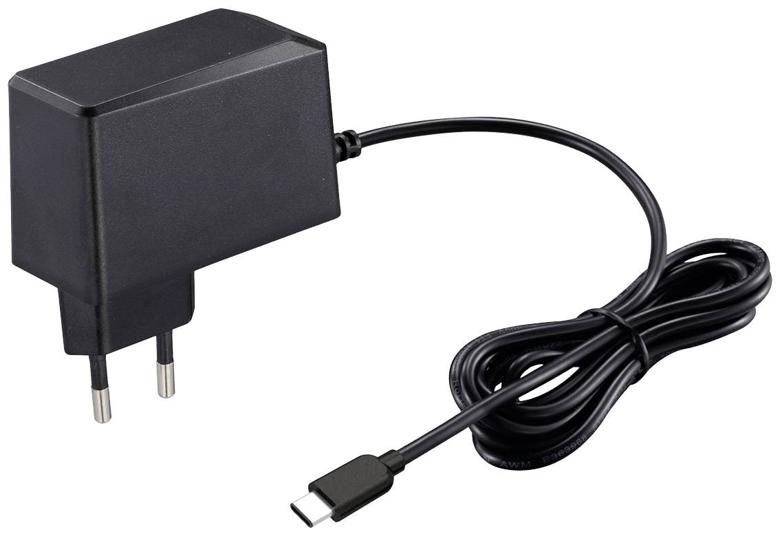 Crni USB-C punjač s dva okrugla utikača za europske utičnice, povezan kabelom.