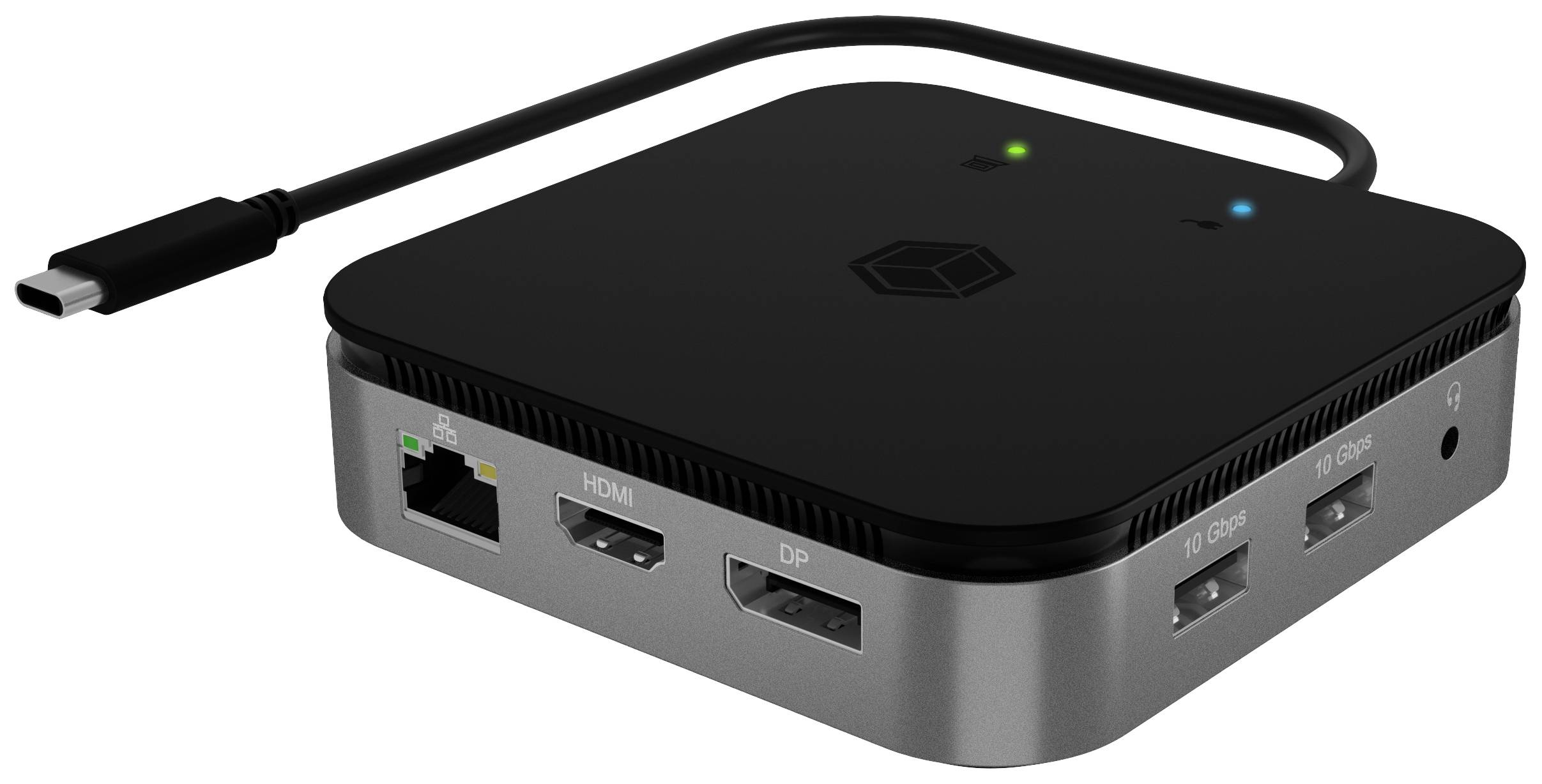 Crni USB-C hub s više priključaka: HDMI, DisplayPort i USB, kao i Ethernet priključkom. Idealan za povezivanje.