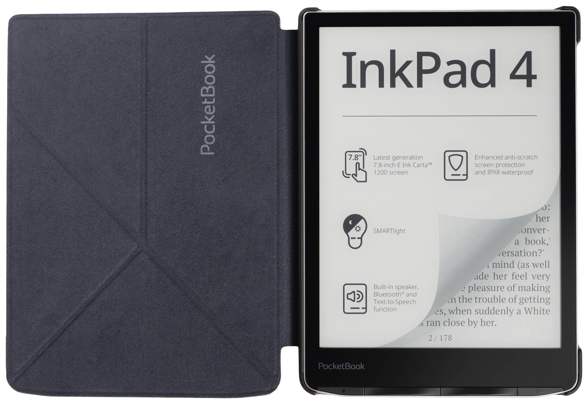 E-čitač PocketBook InkPad 4 je prikazan. Na zaslonu se nalazi tekst, dok je uređaj djelomično smješten u zaštitnoj navlaci.