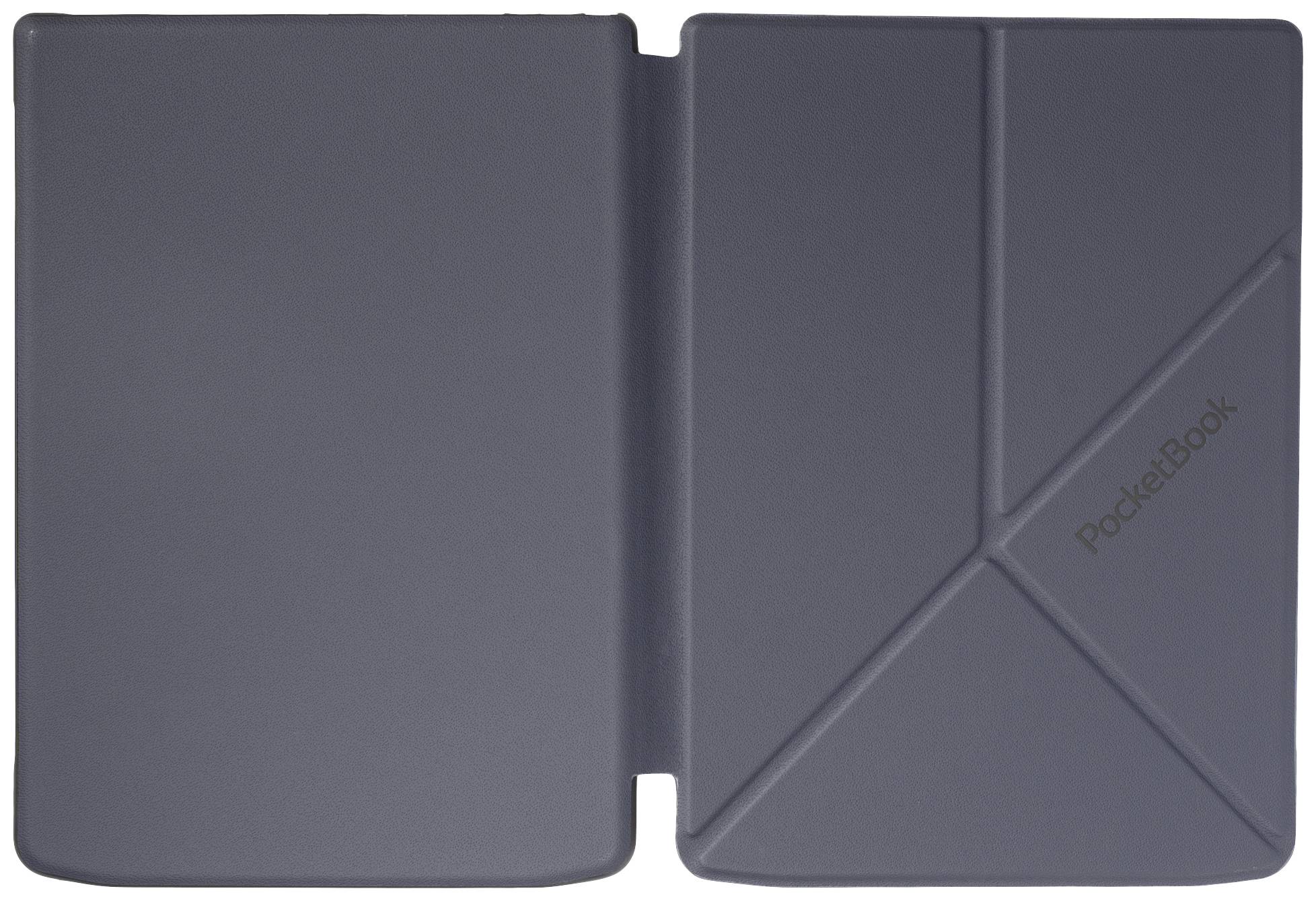 Siva navlaka za tablet s geometrijskim dizajnom i natpisom 'PocketBook', otvorena i fotografirana odozgo.