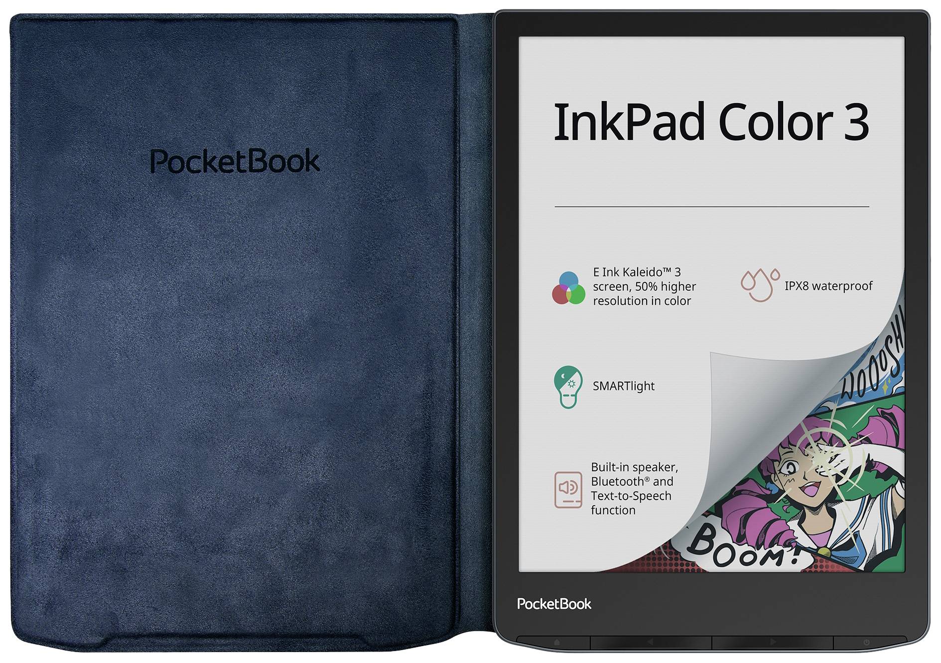 InkPad Color 3 e-čitač s otvorenim poklopcem. Zaslon prikazuje ikone za visoku razlučivost u bojama, vodootpornost, SMARTlight, zvučnike i Bluetooth.