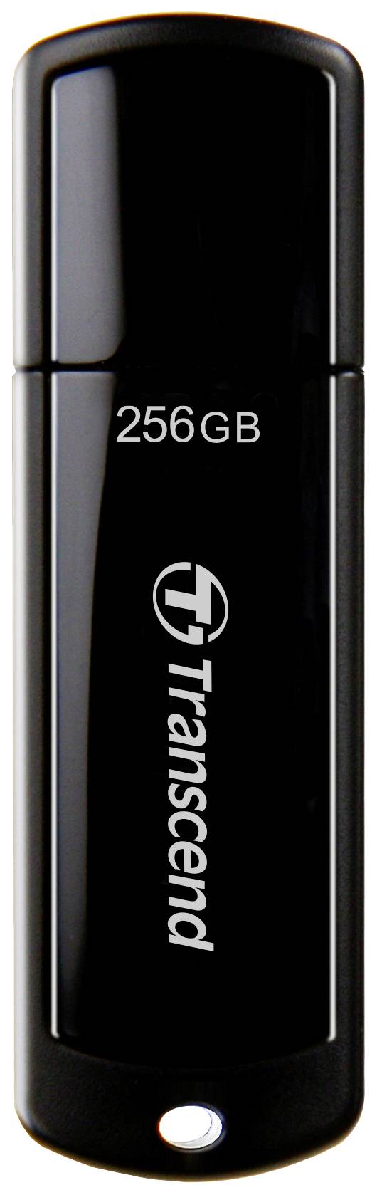 Crni USB stick marke Transcend kapaciteta 256 GB, pogled odozgo.