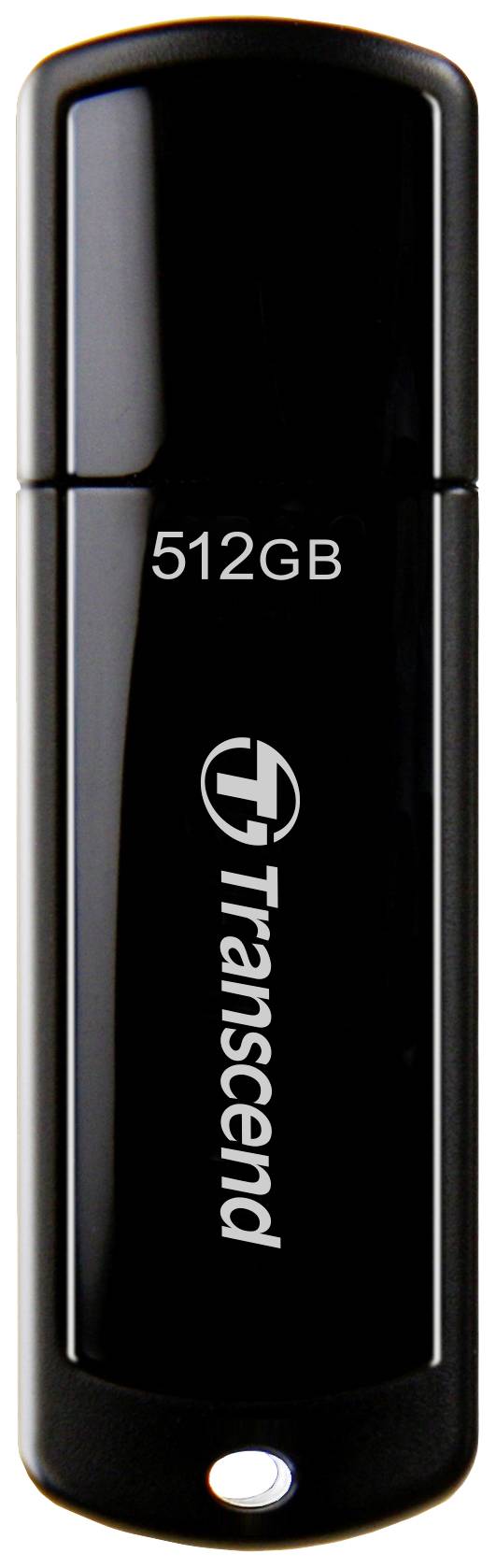 Crni USB stick kapaciteta 512 GB s logotipom 'Transcend'-a.