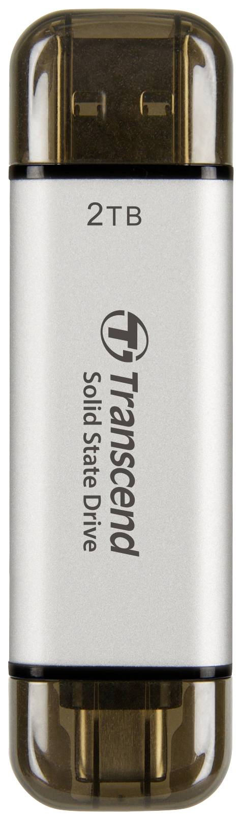 USB ključ s natpisom '2TB Transcend Solid State Drive', crućeg kućišta sa prozirnom zaštitom na krajevima.