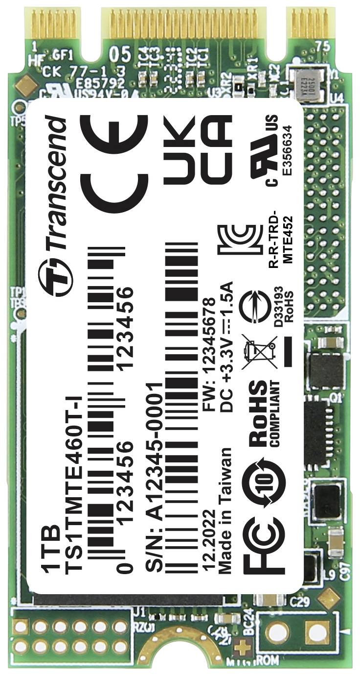 Transcend M.2 SSD s kapacitetom od 1TB, serijskim brojem i međunarodnim certifikatima na etiketi.