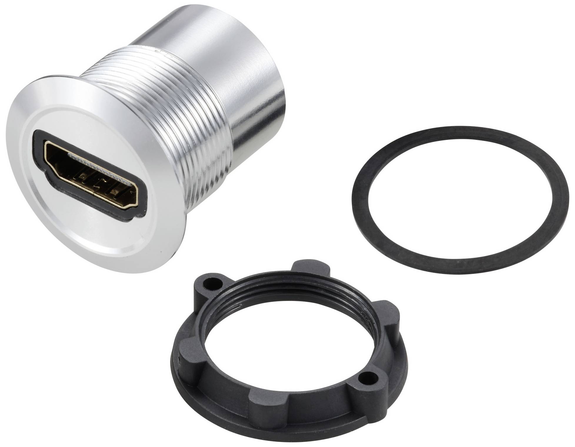 HDMI priključak u cilindričnoj metalnoj futroli s brtvom i crnim pričvrsnim prstenom, pogodan za ugradnju na ploču u tehničkim uređajima.