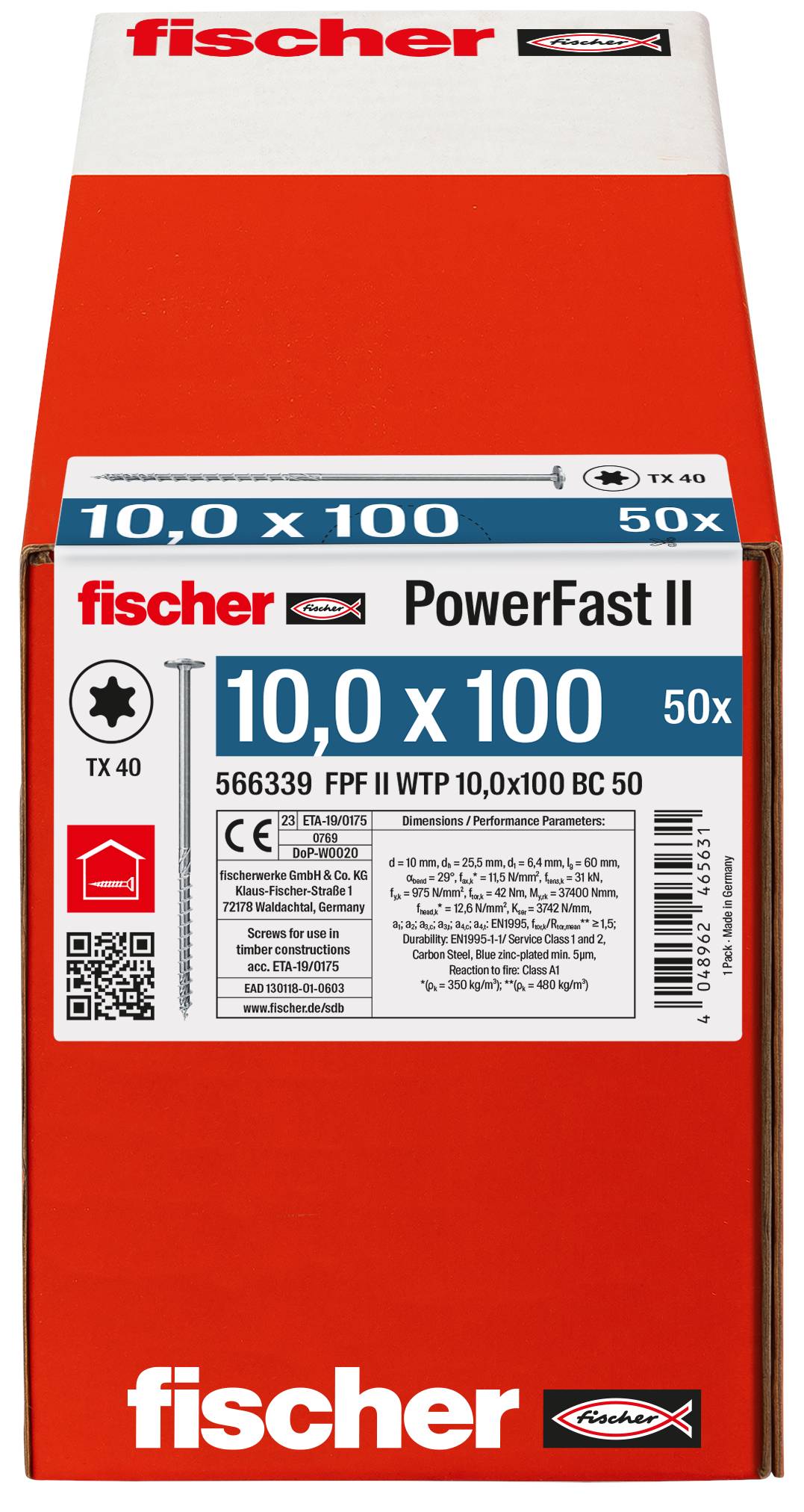 Ambalažа vijaka Red Fischer PowerFast II označene sa '10,0 x 100' i '50x', s informacijama o proizvodu i barkod na prednjoj strani.