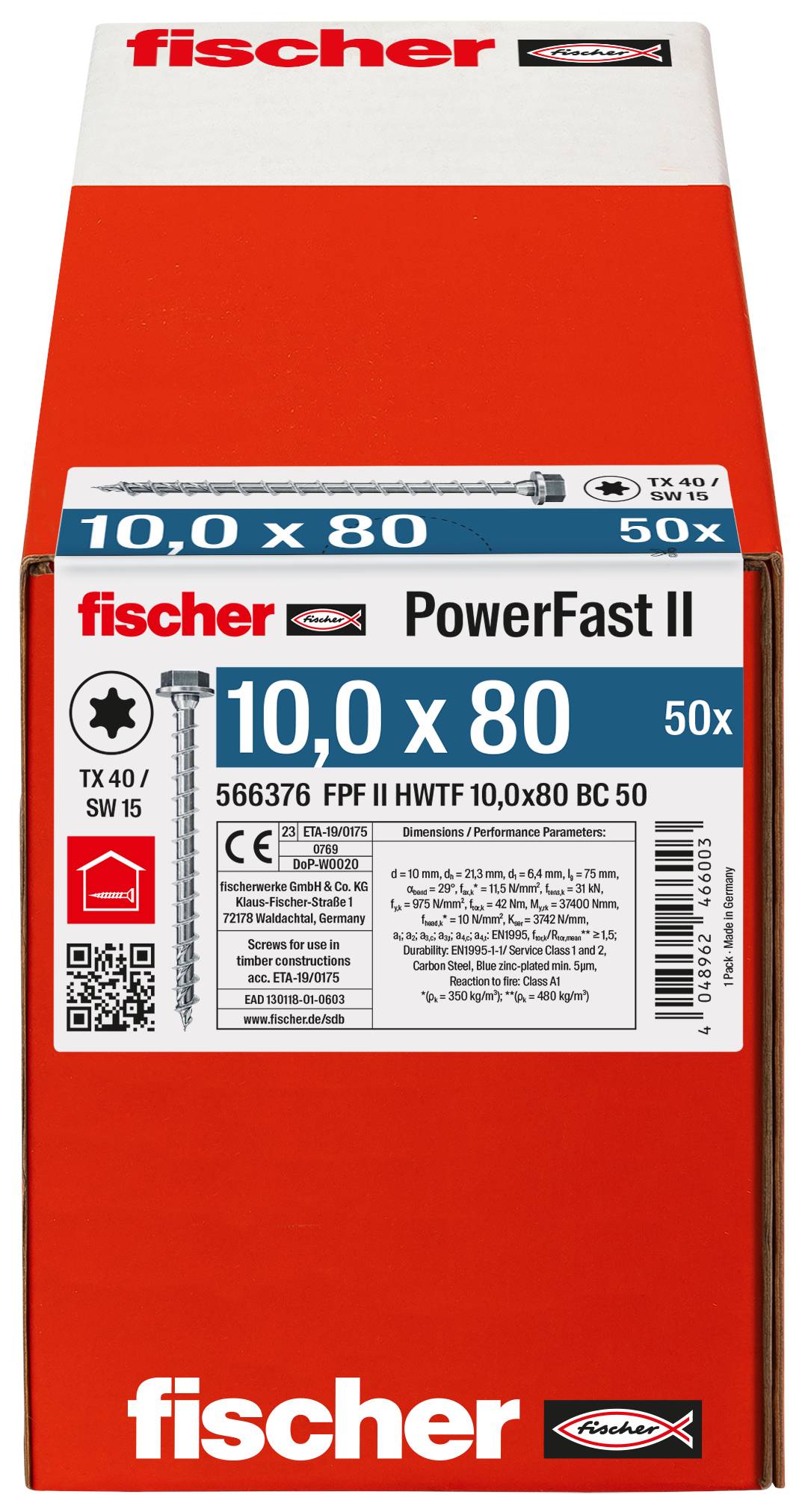 Kutija Red Fischer PowerFast II od 10,0 x 80 mm vijaka, pakovanje od 50 komada, sa etikama proizvoda i QR kodom.