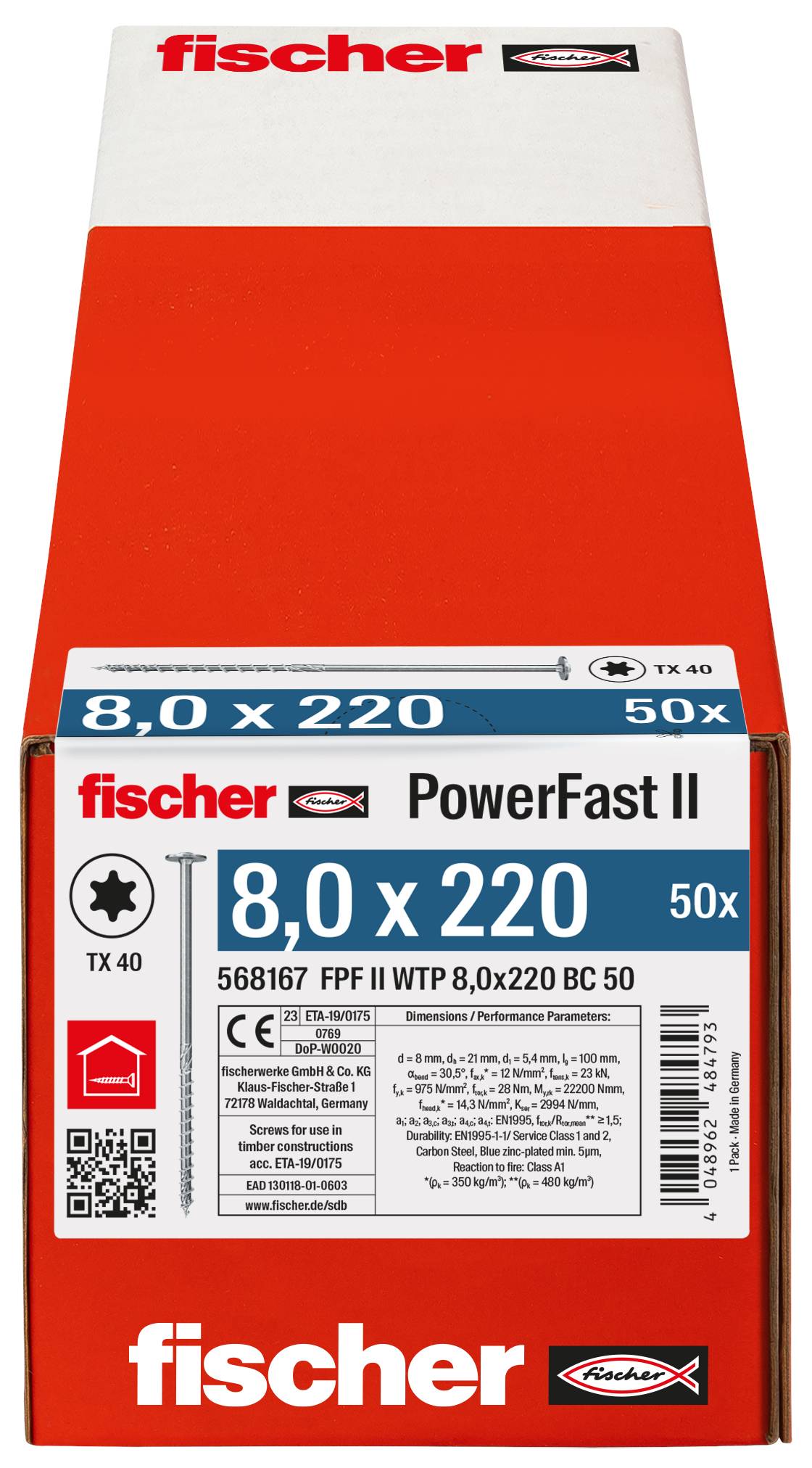 Pakiranje Fischer PowerFast II vijaka, označeno 8.0 x 220, kutija od 50 TX40 pričvršćivača.