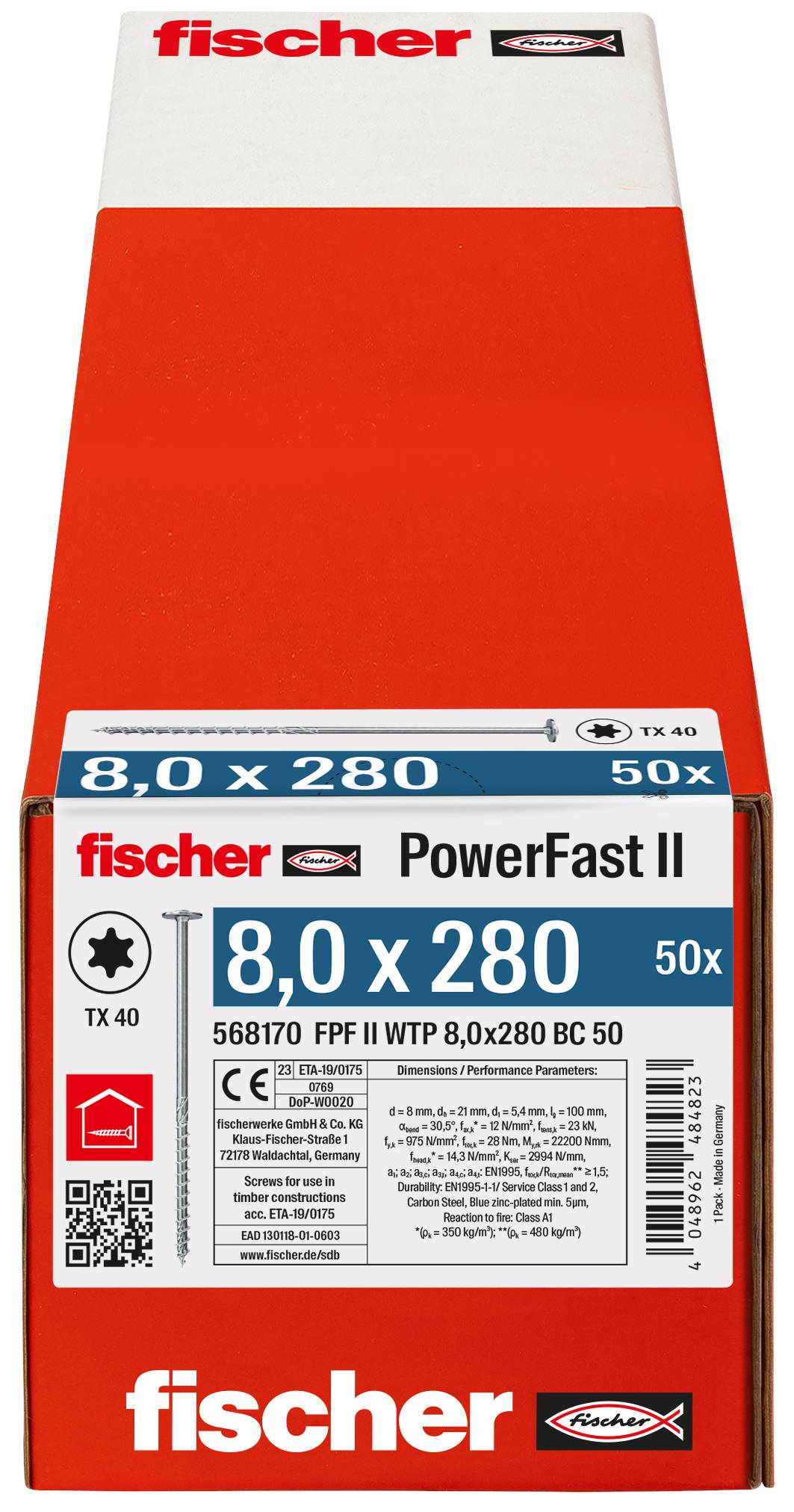 Pakovanje Fischer PowerFast II drvenih vijaka, označeno 8,0 x 280, TX40, 50 komada, prikazano na prednjoj strani crveno-bijele kutije.