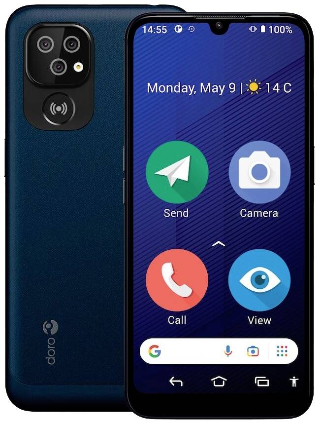Pametni telefon s plavim kućištem prikazuje aplikacije za 'Slanje', 'Kameru', 'Poziv' i 'Pregled' na zaslonu. Gore: 9. svibnja, 14:55, 14°C.