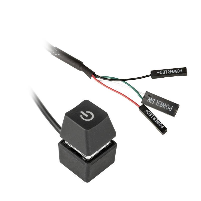 Na slici je tipka računala s Power simbolom, povezana obojenim kablovima sa utikačima za 'Power LED+' i 'Power SW'.