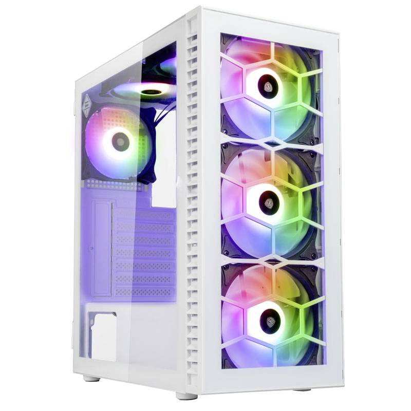 Računalni toranj u bijeloj boji s prozirnim bočnim prozorom, osvjetljen šarenim RGB ventilatorima. Moderna oprema i upadljiv dizajn.