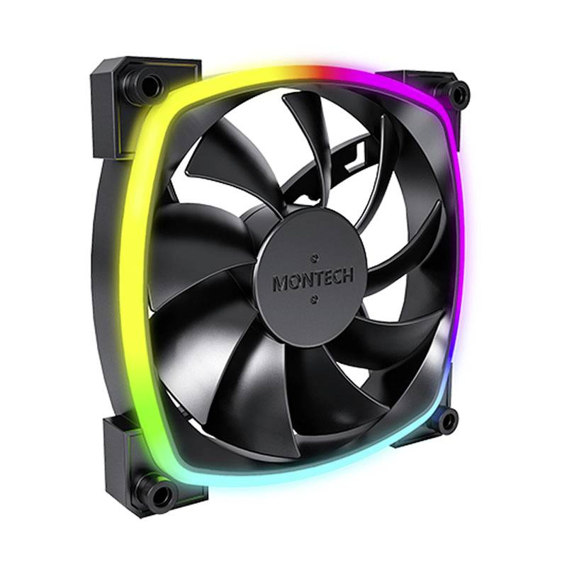 Crni ventilator kućišta računala s RGB rubom koji svijetli. Naziv marke 'Montech' vidljiv je u sredini.