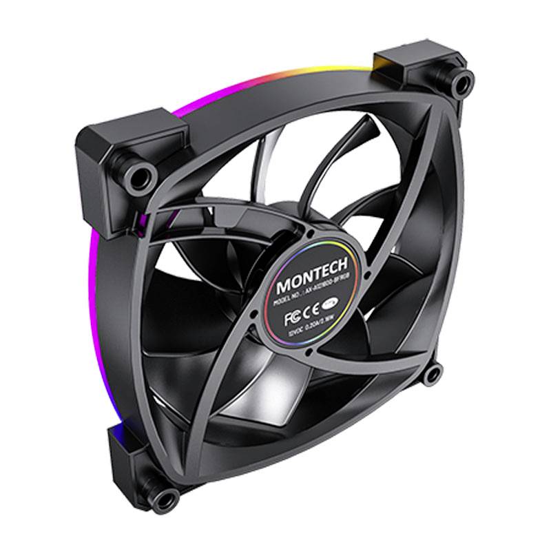 Crni računalni ventilator s RGB osvjetljenjem, četiri učvršćivačke točke i natpisom 'MONTECH'. Pogodan za hlađenje PC-a.
