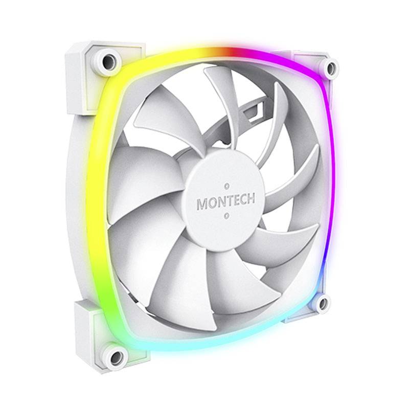 Bijeli računalni ventilator sa šarenim LED osvjetljenjem na rubu, prikazuje naziv brenda 'Montech'.