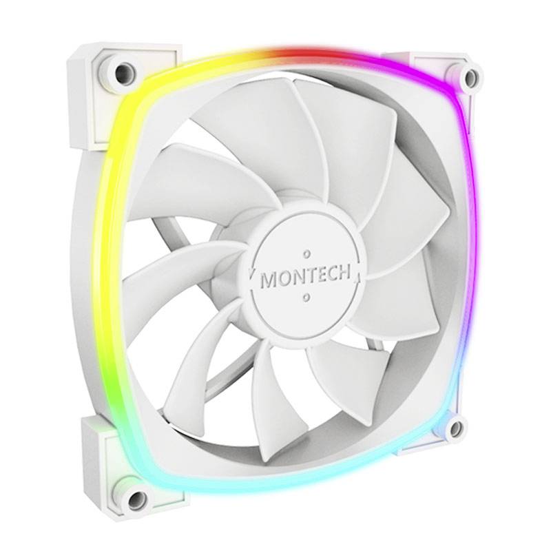 Bijeli računalni ventilator s RGB LED-icama na rubovima koje svijetlju u bojama od žute do ružičaste. Logo 'MONTECH' vidljiv je u sredini.