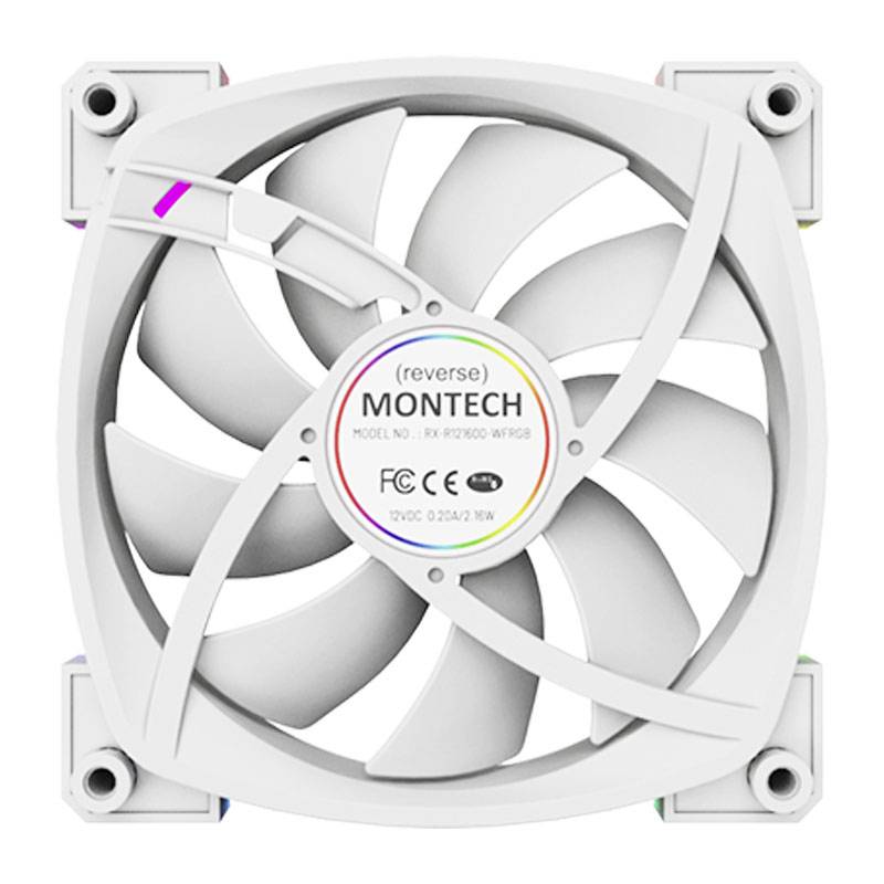 Bijeli računalni ventilator marke 'Montech' s RGB LED-icama na uglovima. U centru se nalaze specifikacije i model uređaja.