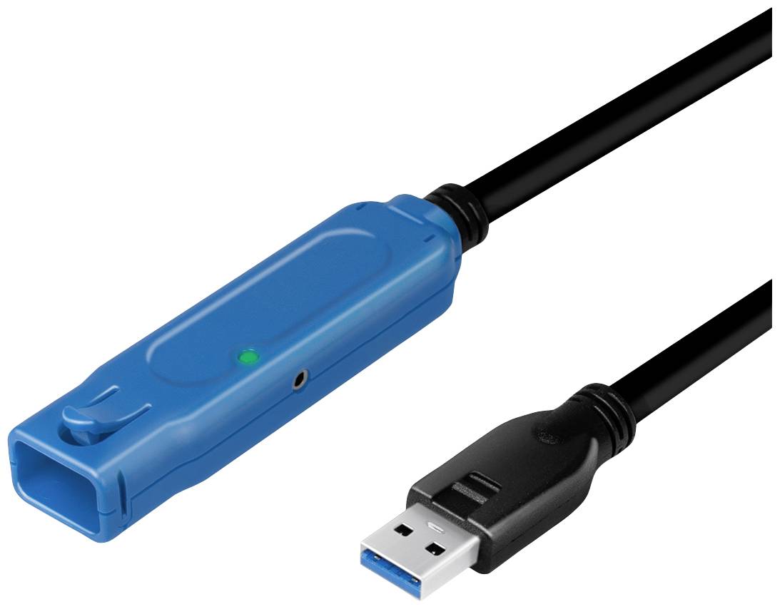 Plavi USB produžni kabel s USB-A utikačem na jednoj i jedinicom pojačala na drugoj strani.