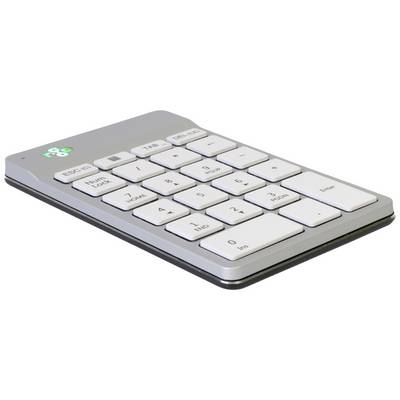Srebrna USB numerička tipkovnica s bijelim tipkama, zeleno osvjetljeni simbol pored tipke 'T'. Idealna za uredske poslove.