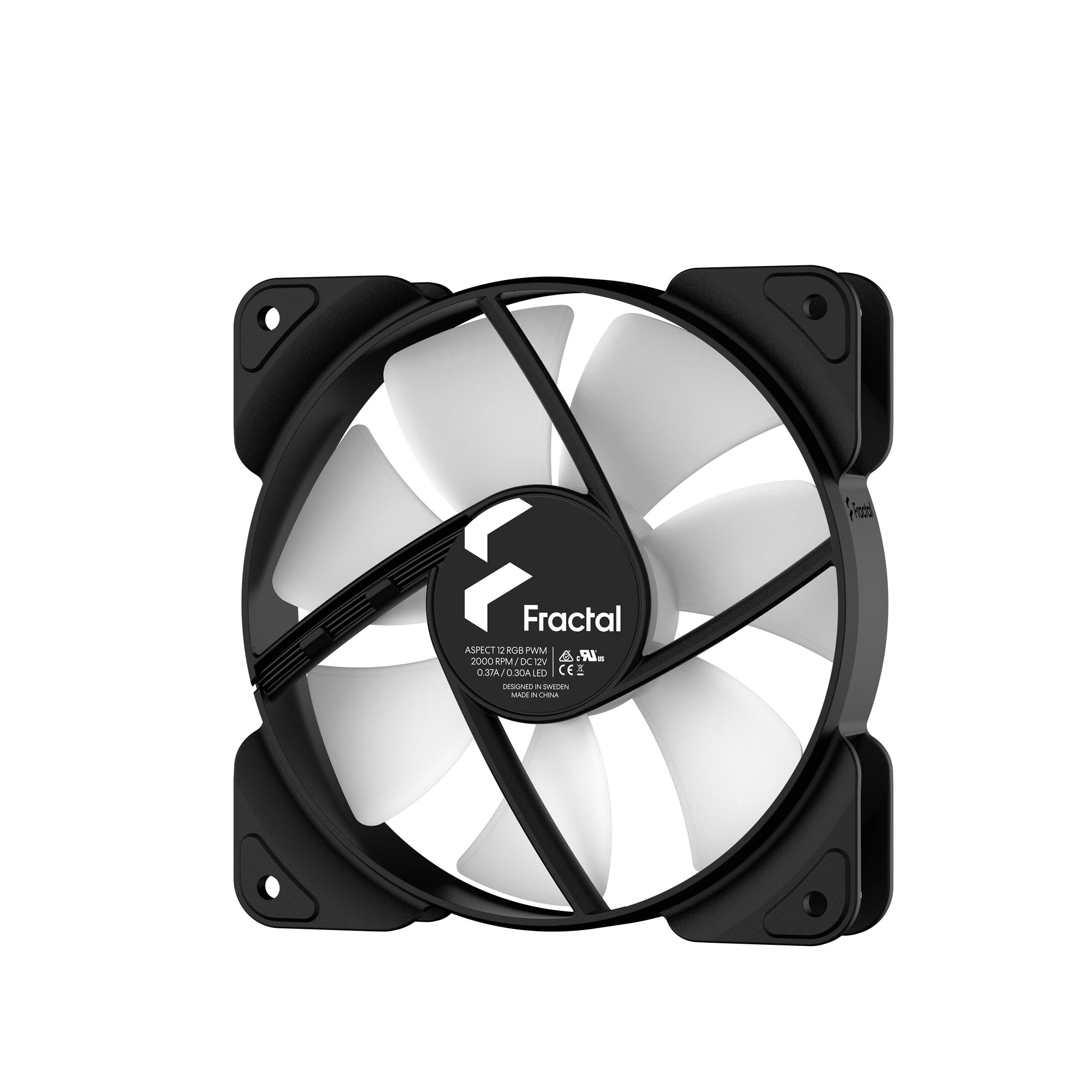 Crni i bijeli računalni ventilator od Fractala s devet krila za hlađenje u PC računalima.