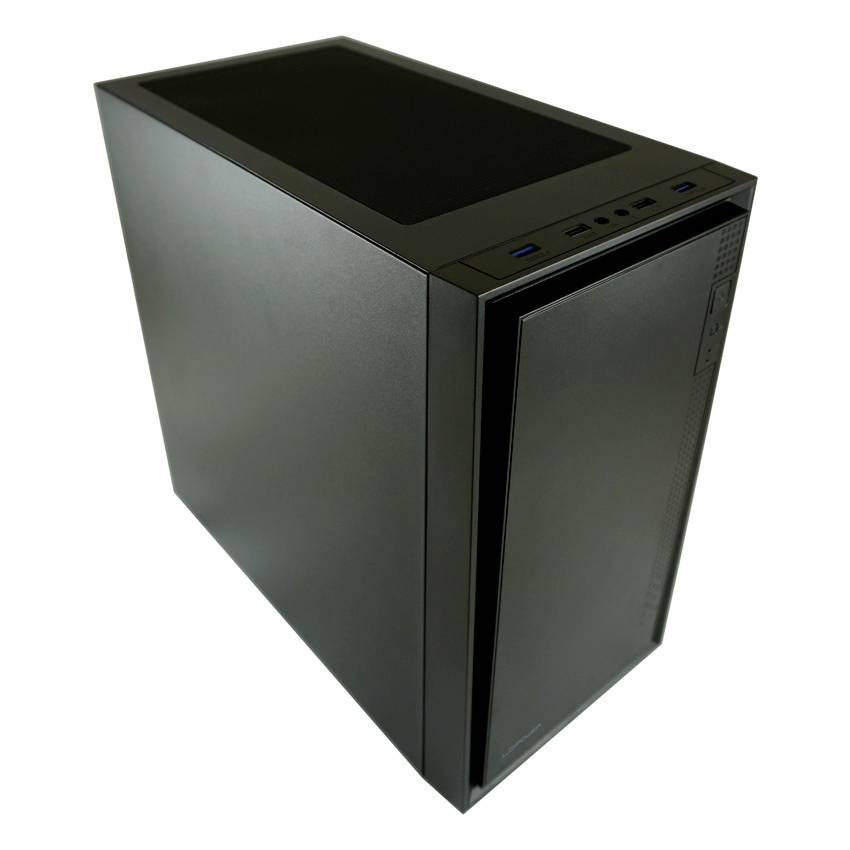 Crni računalni okvir u jednostavnoj, uspravnoj poziciji s dva USB priključka i kontrolnim elementima na vrhu.
