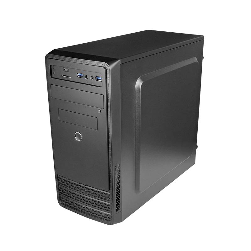 Crno kućište računala s dva USB priključka, CD pogonom i ventilacijskim otvorima.