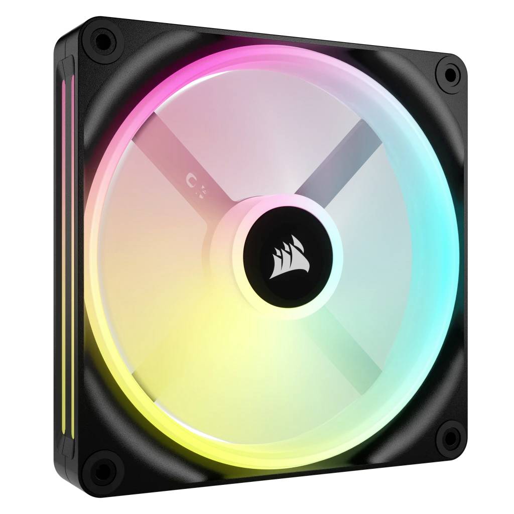 Kvadratni ventilator za računalo s LED osvjetljenjem u bojama duge, crne boje s prozirnom rotorom, pogodan za kućišta računala.