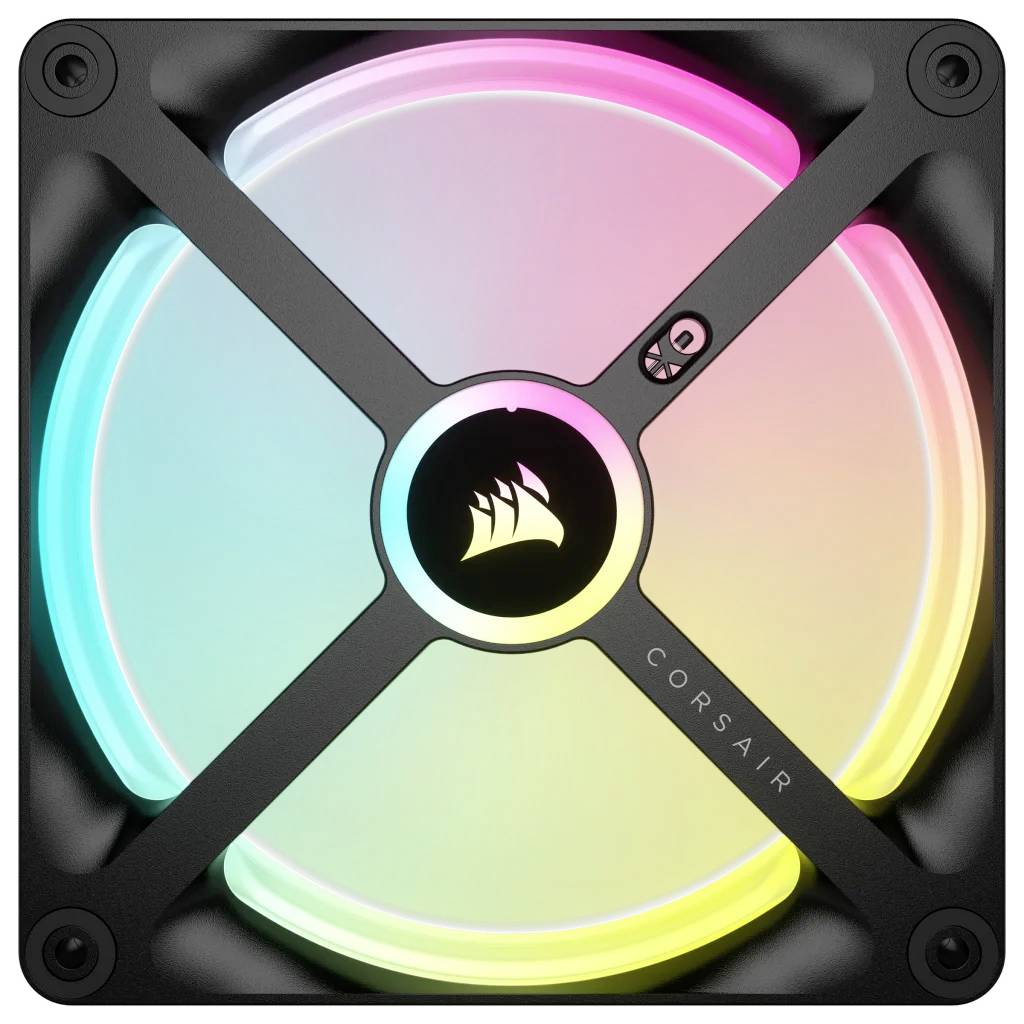 Računalni ventilator s RGB osvjetljenjem prikazuje promjenjive boje. Središnji logotip ukazuje na proizvođača.