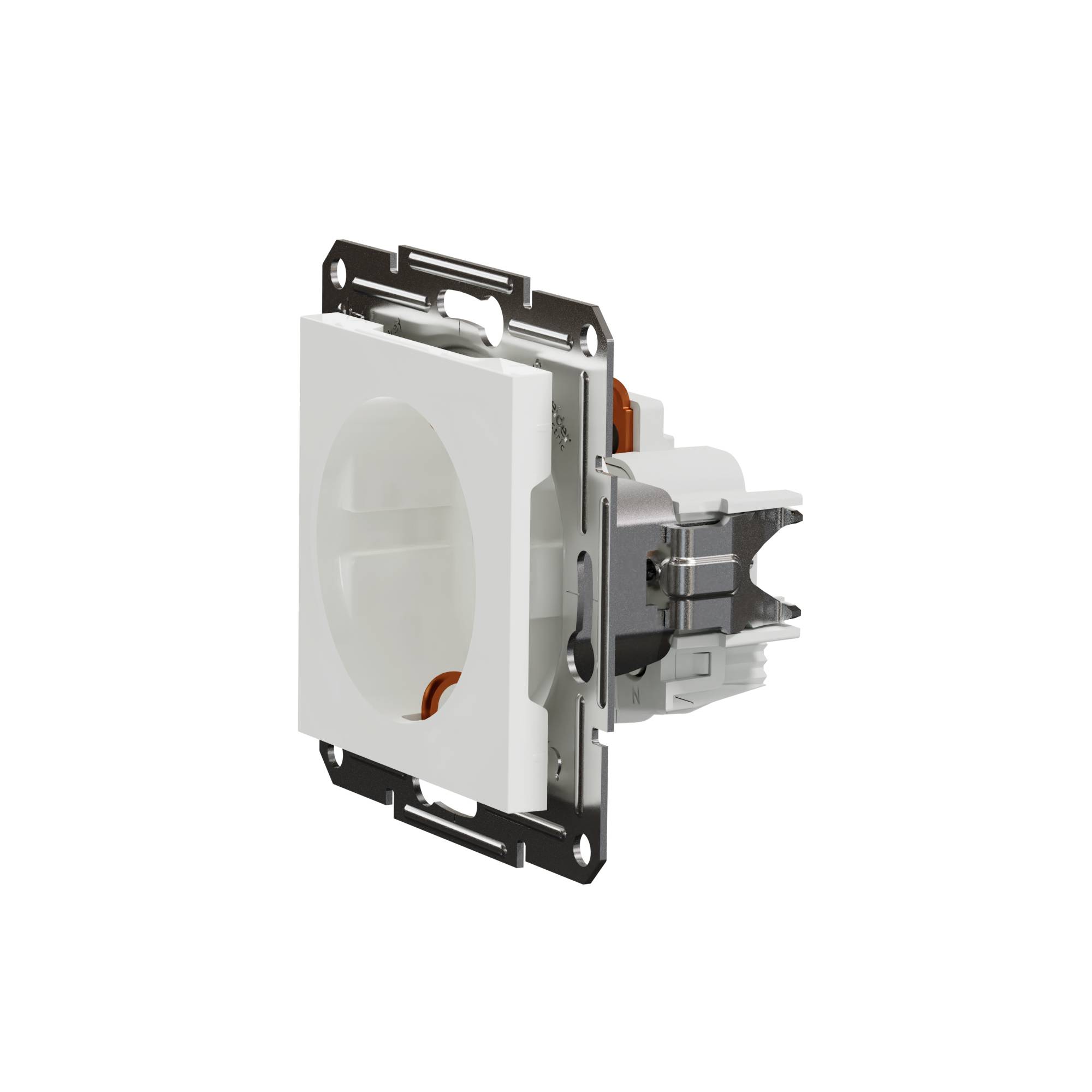 Bijeli električni umetak utičnice za zid, djelomično vidljiv, s metalnim okvirom i plastičnim kućištem, prikazan iz bočne perspektive.