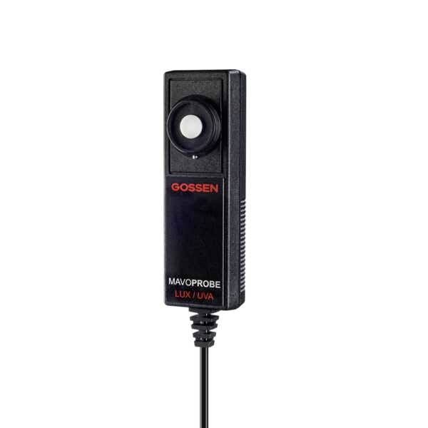 Luksmetar-senzor s pravokutnim kućištem i kabelom, označen natpisima 'Gossen' i 'Mavoprobe LUX/UV-A'.
