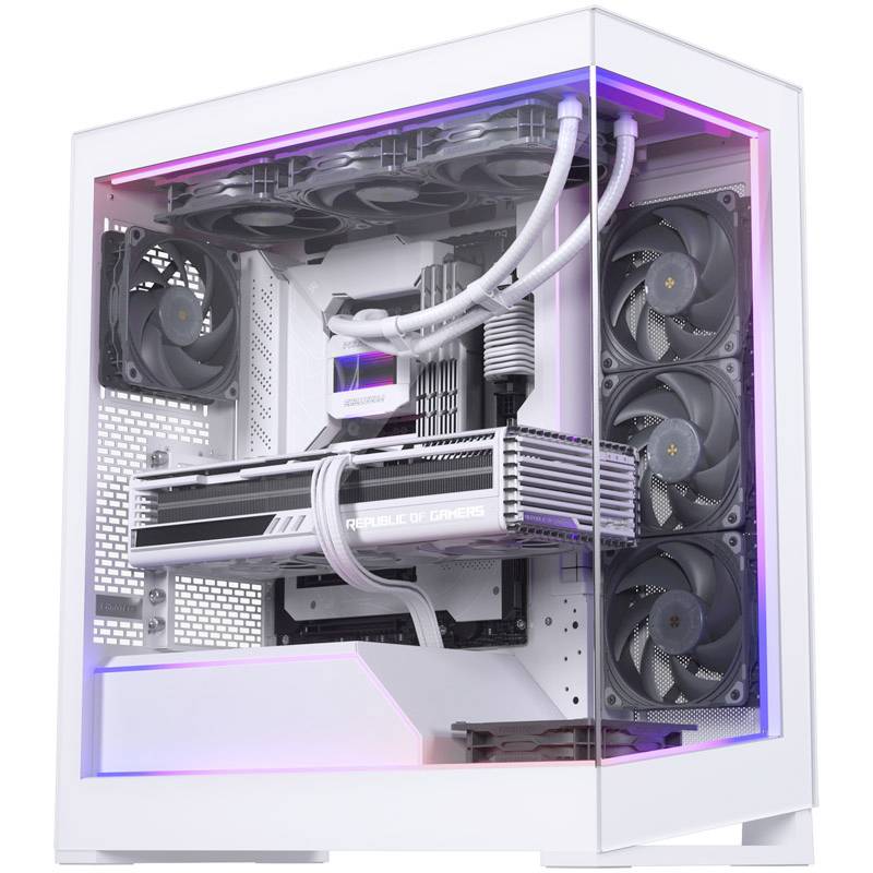 Bijeli gaming PC s prozirnim kućištem prikazuje nekoliko ventilatora, snažnu grafičku karticu i RGB osvjetljenje.