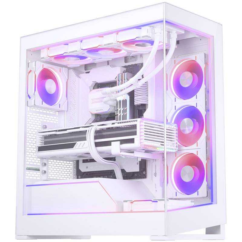 Bijelo kućište računala s prozirnom bočnom stranom prikazuje unutra šarene LED ventilatore i kablove, stvarajući moderan, osvjetljen izgled.