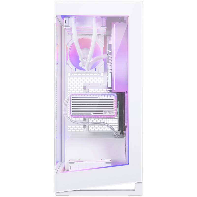 Bijeli gaming PC s prozirnom bočnom stranicom prikazuje živahno ružičasto i ljubičasto osvjetljenje u unutrašnjosti.