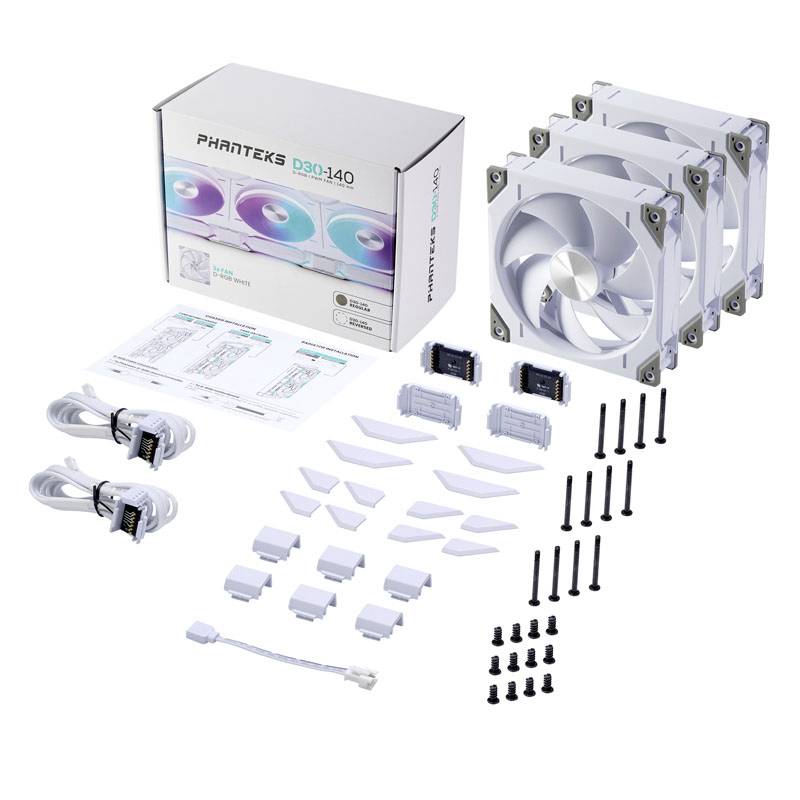 Kompletan set bijelih PC ventilatora s priborom i pakiranjem; prikazuje tri ventilatora, kablove, vijke i upute za montažu.