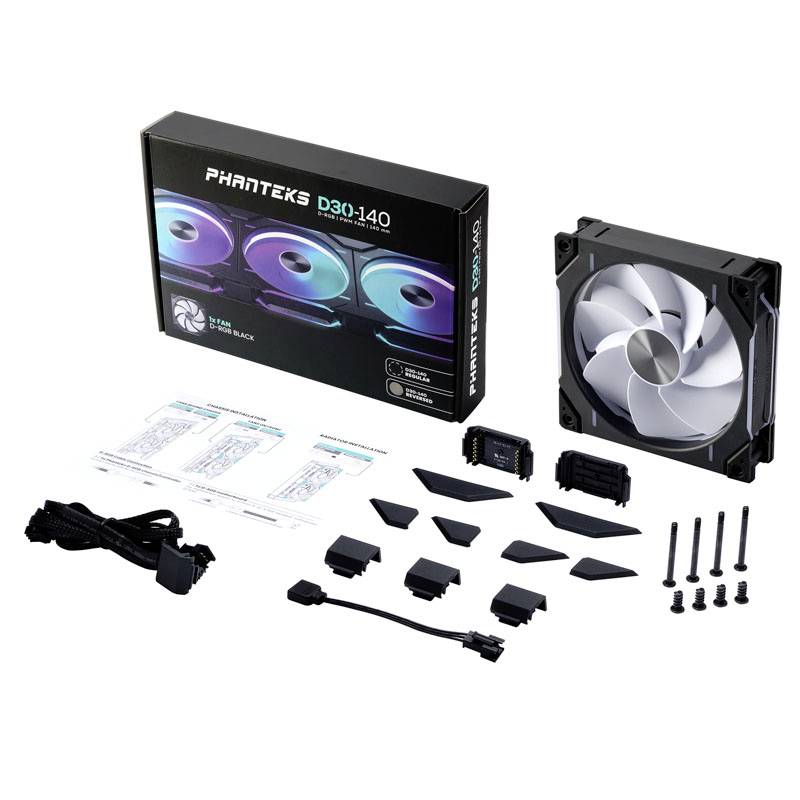 Phanteks PC ventilatorski komplet: Uključuje 140mm D30 ventilator, kablove, vijke, adapter za spajanje i priručnike. Pakiranju je prikazano RGB osvjetljenje.