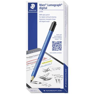 Ambalaža digitalnog EMR olovke u plavoj boji od Staedtlera. Oznake naglašavaju ergonomski dizajn i digitalne funkcije.
