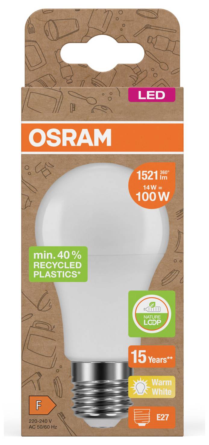 OSRAM LED žarulja, topla bijela E27, 14W ekvivalentno 100W, 1521 lumena, izrađena sa 40% reciklirane plastike, 15-godišnji vijek trajanja, energetska klasa F.