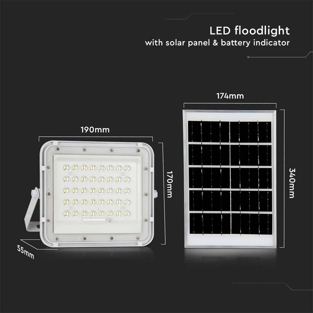 LED reflektor sa solarnim modulom i indikatorom baterije. Dimenzije reflektora: 190x170x55 mm, solarni modul: 174x340 mm.