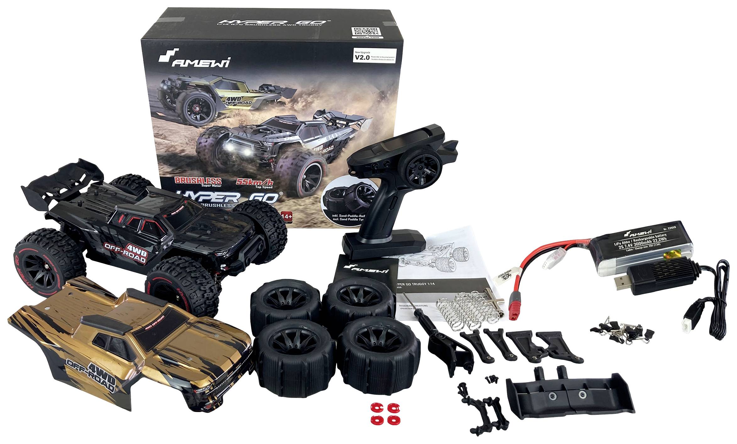 RC model automobil set s vozilom, rezervnim kotačima, daljinskim upravljačem, dodacima, punjačem i pakiranjem.